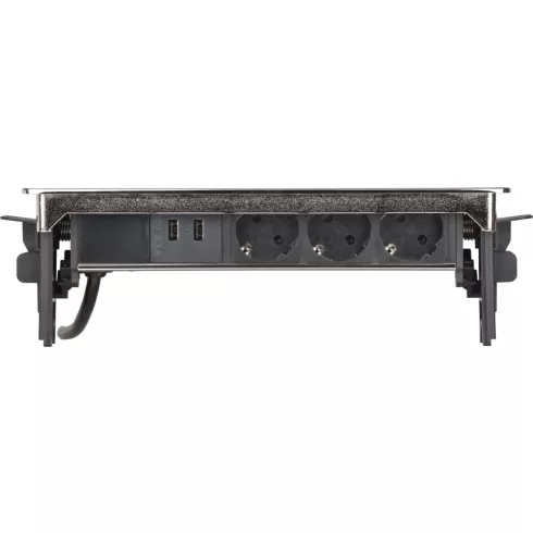 Indesk Power rejtett elosztó, 3 aljzat + 2x USB A (töltő), 2m H05VV-F3G1.5, ezüst/fekete              E1396200113