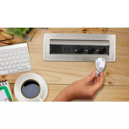 Indesk Power rejtett elosztó, 3 aljzat + 2x USB A (töltő), 2m H05VV-F3G1.5, ezüst/fekete              E1396200113