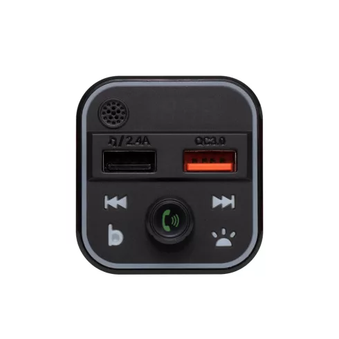 Autók kihangosító és töltő 5in1 (BT kihangosító, FM modulátor, USB töltő, zenelejátszó, akku Voltmér  FMBT18RGB