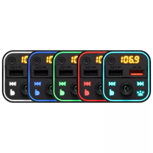 Autók kihangosító és töltő 5in1 (BT kihangosító, FM modulátor, USB töltő, zenelejátszó, akku Voltmér  FMBT18RGB