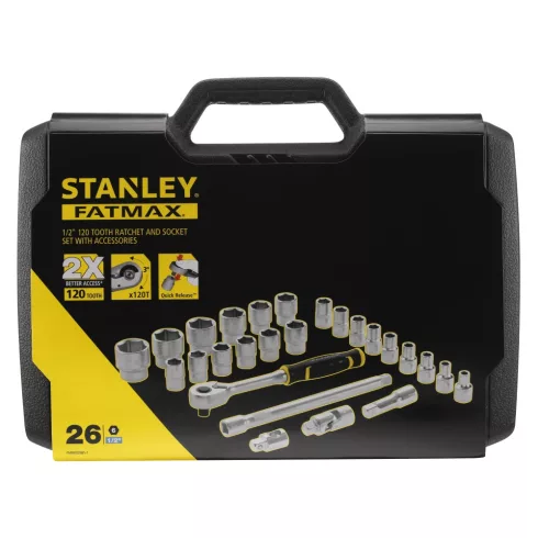 STANLEY FATMAX 1/2' dugókulcs szett 3 fokonkénti fogazással, 26 részes kemény dobozban                FMMT82685-1