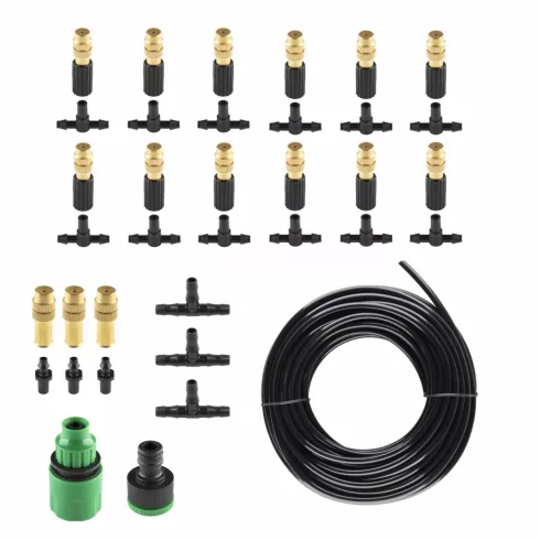 Kerti párásító-permetező-öntöző készlet, 12m vágható cső, 15 réz permetezőfej, csatlakozókkal, HSO    GMS12
