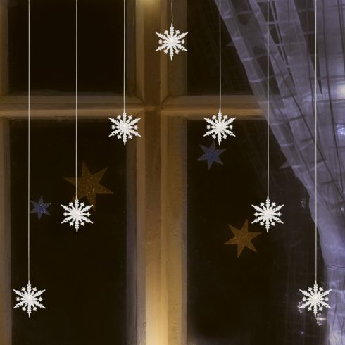 LED-es fényfüggöny, akril hópehely, kül- és beltéri kivitel, 7 db melegfehér LED, szélesség 1,2 m, H  KAF7WW