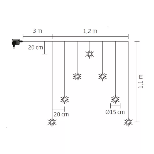LED-es fényfüggöny, akril hópehely, kül- és beltéri kivitel, 7 db melegfehér LED, szélesség 1,2 m, H  KAF7WW