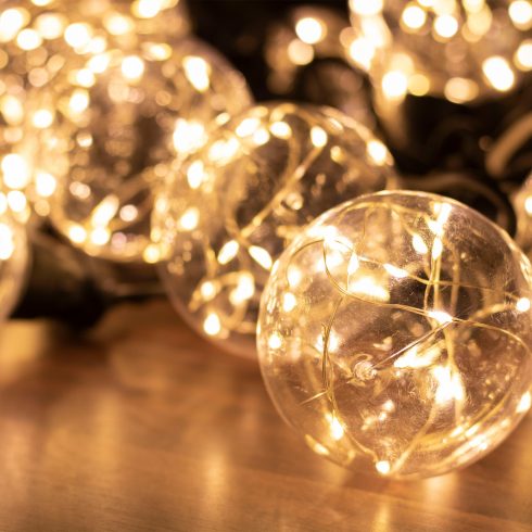 Sorolható party fényfüzér, Micro LED-es melegfehér gömb, kültéri, 5 m, HSO                            LPL10GLOBE