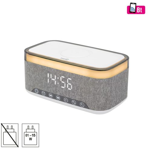 Multimédia lejátszó + ébresztőóra, 2x5W, Qi telefontöltés, Bluetooth TWS, FM rádió, akkumulátor, HSO  LTCR06
