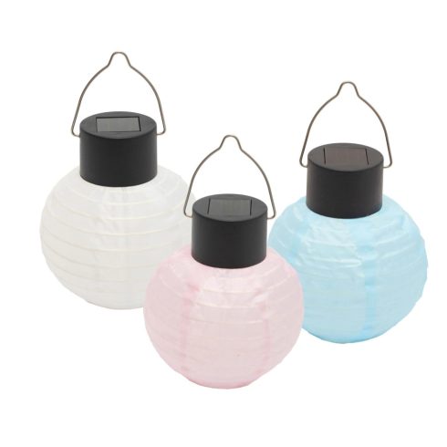 Napelemes lampion, 3db-os szett, 1 db melegfehér LED, nylon, gombelem, fehér/kék/rózsaszín, HSO       MX205