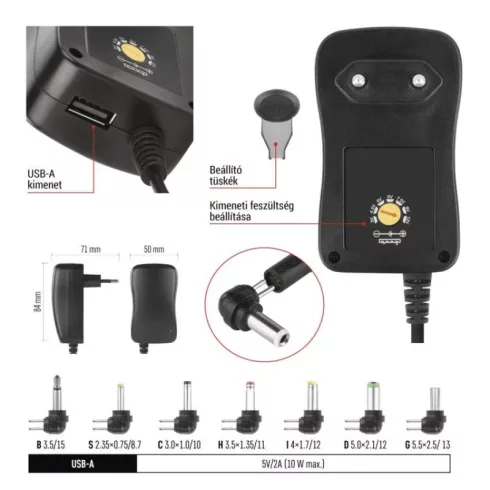 Univerzális töltőadapter 1000mA, USB, DC csatlakozókészlet, 100-240 V, 50/60 Hz, 1,8 m kábel, LED je  N3111N