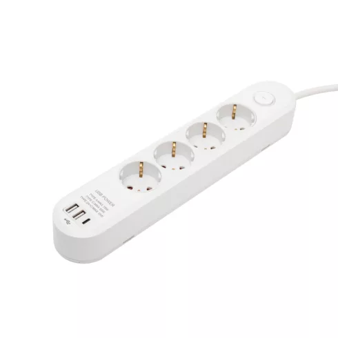 Elosztó, 4 aljzat + USB C aljzat, kapcsolóval, 1,5m vezetékkel, PD 65W, max. 3680W, fehér, HSO        NV4KUSBC