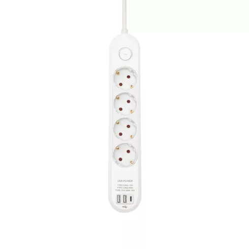 Elosztó, 4 aljzat + USB C aljzat, kapcsolóval, 1,5m vezetékkel, PD 65W, max. 3680W, fehér, HSO        NV4KUSBC