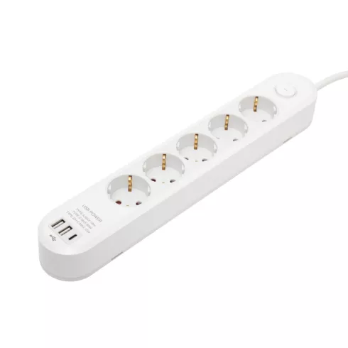 Elosztó, 5 aljzat + USB C aljzat, kapcsolóval, 3m vezetékkel, PD 65W, max. 3680W, fehér, HSO          NV5K3USBC