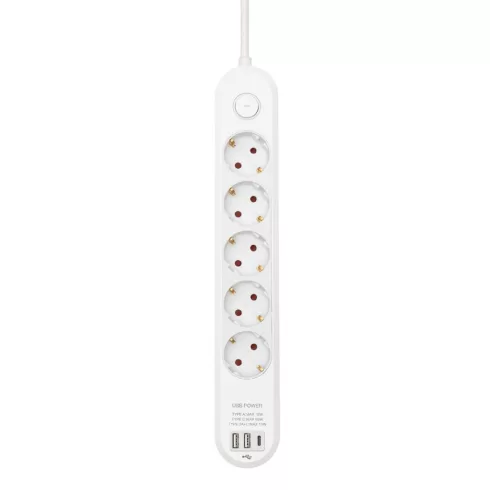 Elosztó, 5 aljzat + USB C aljzat, kapcsolóval, 3m vezetékkel, PD 65W, max. 3680W, fehér, HSO          NV5K3USBC