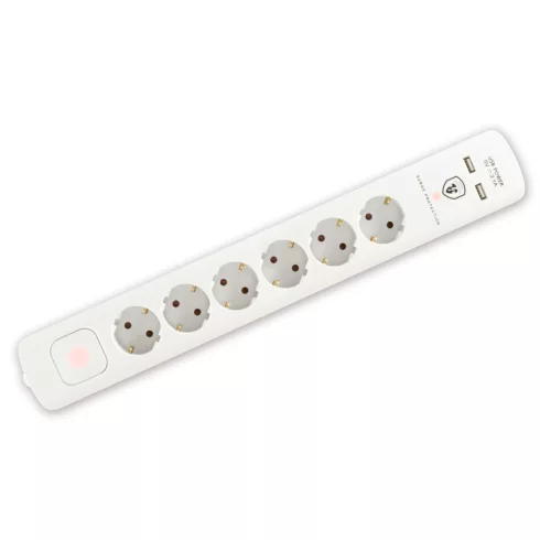 Túlfeszültség védett elosztó, 6 aljzat, USB, HSO                                                      NVT06KUSB/WH