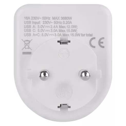 Aljzat elosztó 1x SCHUKO, 1xUSB-A+1xUSB-C, max. 3680 W, IP20, fehér                                   P0075