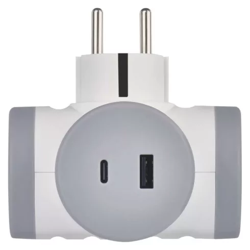 Aljzat elosztó 2x SCHUKO, 1xUSB-A+1xUSB-C, max. 3680 W, IP20, fehér-szürke                            P0077PD