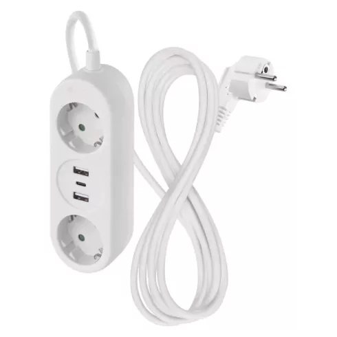 Hosszabbító 1,4 m, 2 aljzat+2xUSB-A+1xUSB-C, PVC, 1,5 mm2, fehér                                      P02214E