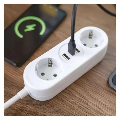 Hosszabbító 1,4 m, 2 aljzat+2xUSB-A+1xUSB-C, PVC, 1,5 mm2, fehér                                      P02214E