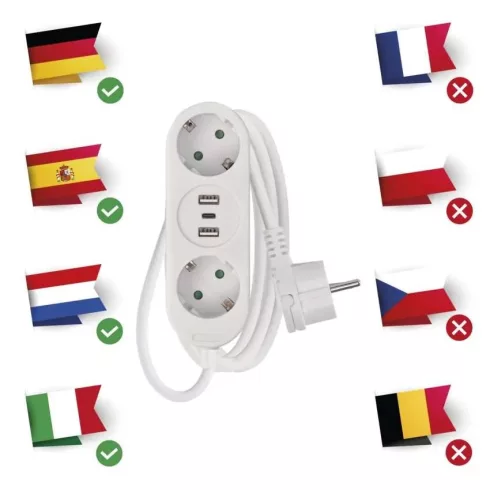 Hosszabbító 1,4 m, 2 aljzat+2xUSB-A+1xUSB-C, PVC, 1,5 mm2, fehér                                      P02214E
