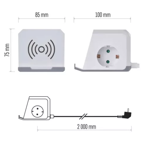 Elosztó (hosszabbító) kocka, 2m 2 aljzat schuko + 2xUSB-A + 1xUSB-C + Qi 1,5mm                        P0222CQ