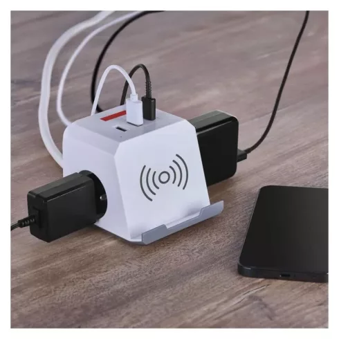 Elosztó (hosszabbító) kocka, 2m 2 aljzat schuko + 2xUSB-A + 1xUSB-C + Qi 1,5mm                        P0222CQ