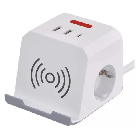 Elosztó (hosszabbító) kocka, 2m 2 aljzat schuko + 2xUSB-A + 1xUSB-C + Qi 1,5mm                        P0222CQ