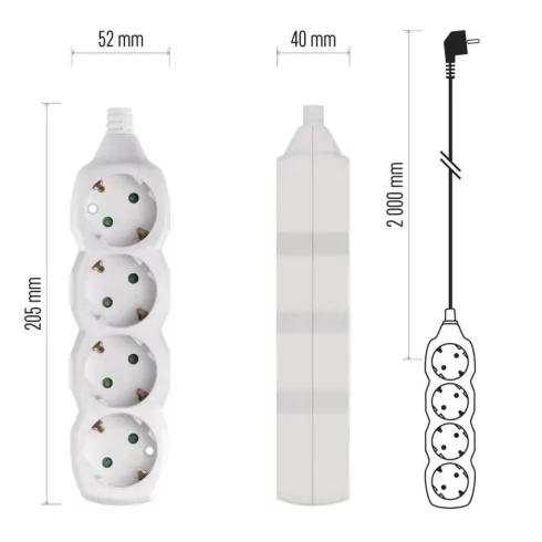 Elosztó (hosszabbító) 2m 4 aljzat schuko 1,0mm                                                        P0422