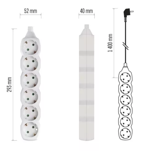 Elosztó (hosszabbító) 1,4m 6 aljzat schuko 1,0mm                                                      P0621