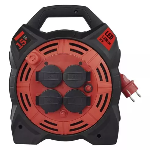Kábeldob IP44 15m gumi 4aljzat 1,5mm, beépített LED-es világítással                                   P08215