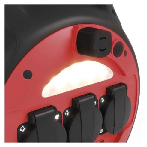 Időjárásálló kábeldob 20m, 3 aljzat + 2 USB-A, 1,5mm2, IP44, LED lámpával, fagyálló kábel             P08620W