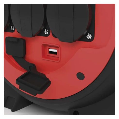 Időjárásálló kábeldob 20m, 3 aljzat + 2 USB-A, 1,5mm2, IP44, LED lámpával, fagyálló kábel             P08620W