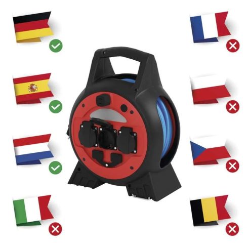 Időjárásálló kábeldob 20m, 3 aljzat + 2 USB-A, 1,5mm2, IP44, LED lámpával, fagyálló kábel             P08620W