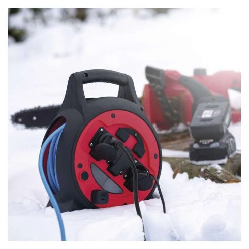 Időjárásálló kábeldob 20m, 3 aljzat + 2 USB-A, 1,5mm2, IP44, LED lámpával, fagyálló kábel             P08620W