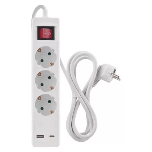 Elosztó (hosszabbító) 2m kapcsolós 3 aljzat schuko + 1xUSB-A + 1xUSB-C 1,5mm                          P1322CU