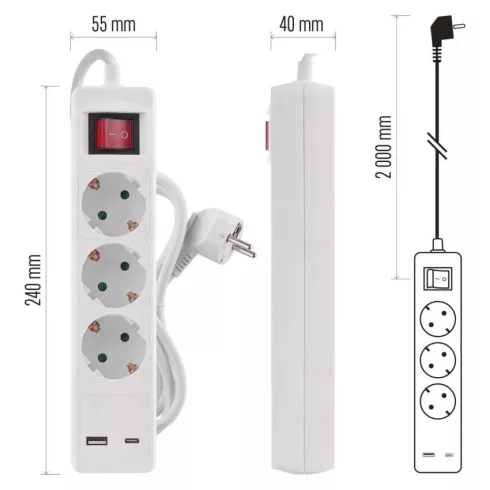 Elosztó (hosszabbító) 2m kapcsolós 3 aljzat schuko + 1xUSB-A + 1xUSB-C 1,5mm                          P1322CU