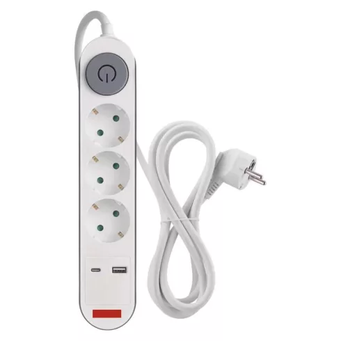 Elosztó (hosszabbító) 2m kapcsolós 3 aljzat schuko + 1xUSB-A + 1xUSB-C 1,5mm                          P1322PD