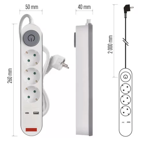 Elosztó (hosszabbító) 2m kapcsolós 3 aljzat schuko + 1xUSB-A + 1xUSB-C 1,5mm                          P1322PD