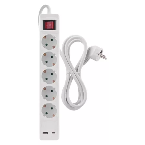 Elosztó (hosszabbító) 3m kapcsolós 5 aljzat schuko + 1xUSB-A + 1xUSB-C 1,5mm                          P1523CU