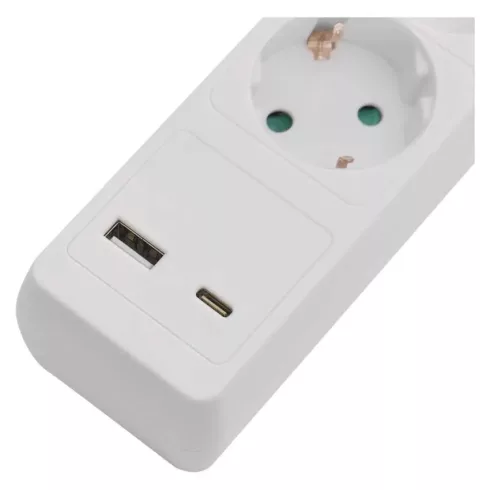 Elosztó (hosszabbító) 3m kapcsolós 5 aljzat schuko + 1xUSB-A + 1xUSB-C 1,5mm                          P1523CU