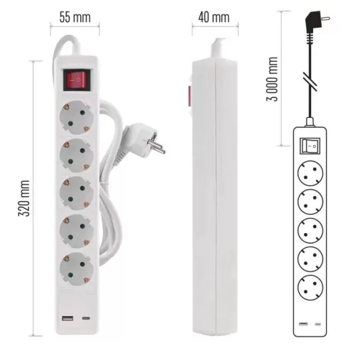 Elosztó (hosszabbító) 3m kapcsolós 5 aljzat schuko + 1xUSB-A + 1xUSB-C 1,5mm                          P1523CU