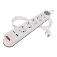   Hosszabbító,  kapcsolós, 3m 1,5mm2 vezetékkel, 5 aljzat, 1xUSB-A + 1xUSB-C, fehér-szürke              P1523FC