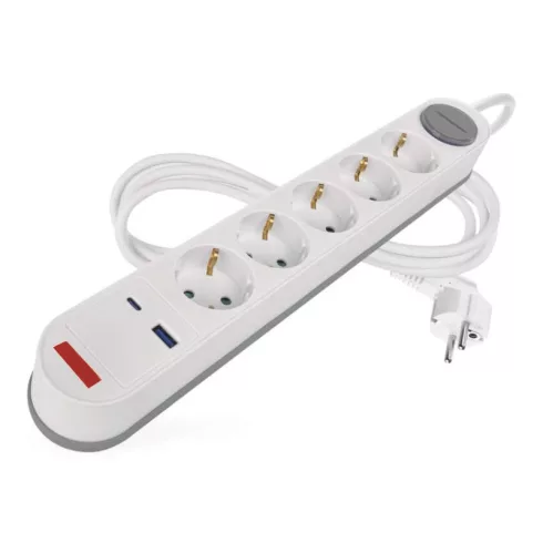 Hosszabbító,  kapcsolós, 3m 1,5mm2 vezetékkel, 5 aljzat, 1xUSB-A + 1xUSB-C, fehér-szürke              P1523FC