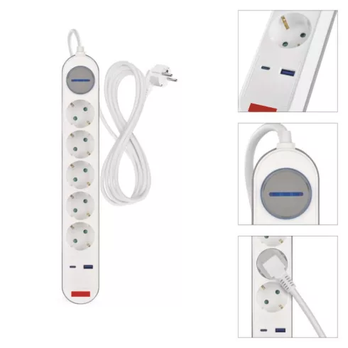Hosszabbító,  kapcsolós, 3m 1,5mm2 vezetékkel, 5 aljzat, 1xUSB-A + 1xUSB-C, fehér-szürke              P1523FC