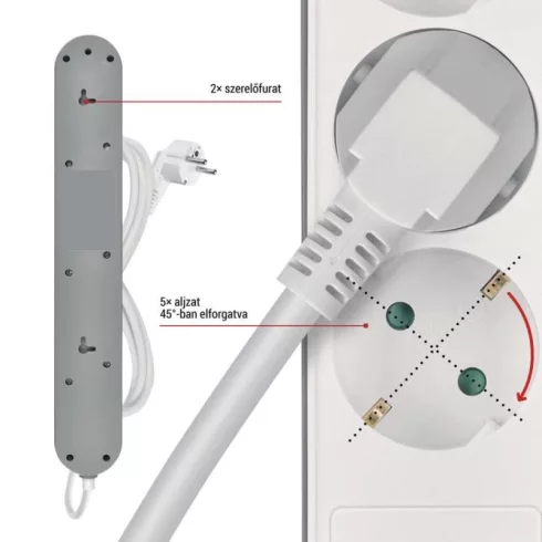 Hosszabbító,  kapcsolós, 3m 1,5mm2 vezetékkel, 5 aljzat, 1xUSB-A + 1xUSB-C, fehér-szürke              P1523FC
