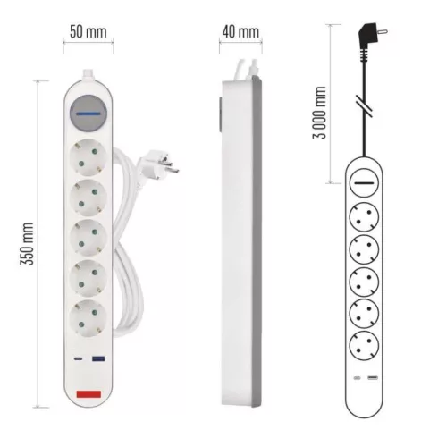 Hosszabbító,  kapcsolós, 3m 1,5mm2 vezetékkel, 5 aljzat, 1xUSB-A + 1xUSB-C, fehér-szürke              P1523FC