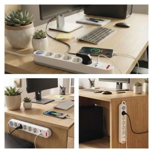 Hosszabbító,  kapcsolós, 3m 1,5mm2 vezetékkel, 5 aljzat, 1xUSB-A + 1xUSB-C, fehér-szürke              P1523FC