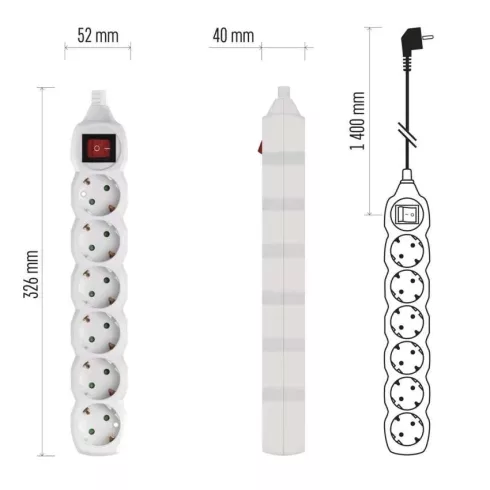 Elosztó (hosszabbító) 1,4m kapcsolós 6 aljzat schuko 1,0mm                                            P1621