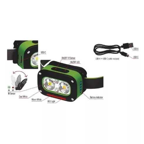 LED fejlámpa, akkus, IR érzékelővel, 175lm, max. 50m táv, 3x LED, 5 mód, 800 mAh/3,7 V Li-Pol, IP43   P3545