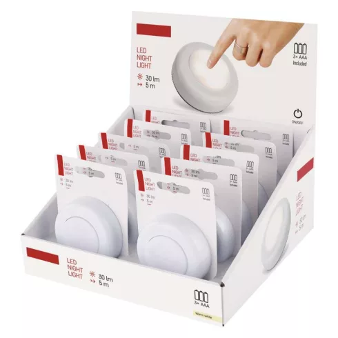 LED éjjeli fény, kapcsolóval, max. 5m, 30lm, WW, 4x LED, 3xAAA, ON/OFF (10 db/kínáló doboz)           P4722
