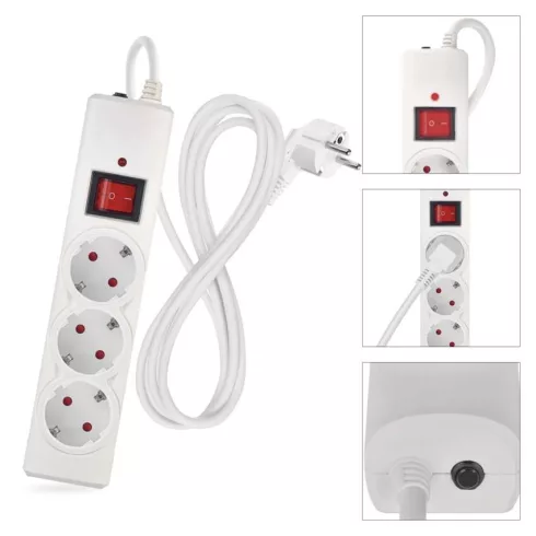 Túlfeszültségvédő elosztó, kapcsolóval, 3 aljzat, 1,5m H05VV-F3G1,5mm2, 2300W max., 10A max., fehér   P54213