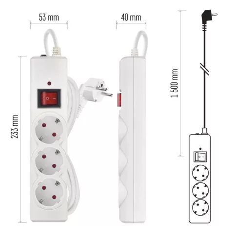 Túlfeszültségvédő elosztó, kapcsolóval, 3 aljzat, 1,5m H05VV-F3G1,5mm2, 2300W max., 10A max., fehér   P54213